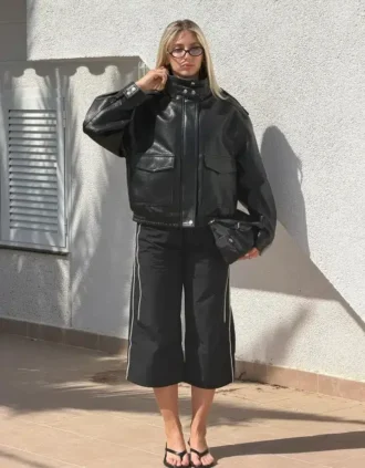 Faux Leather jas met trechterkraag