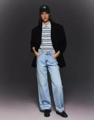 Hoge taille Straight Jeans met Wide Leg pijpen en omgeslagen zomen – Broeken