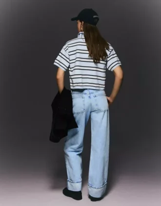 Hoge taille Straight Jeans met Wide Leg pijpen en omgeslagen zomen – Broeken