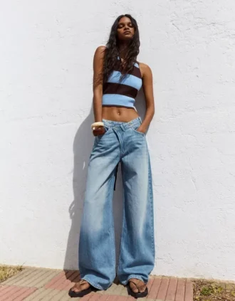 Hoge taille, Wide Leg pijpen, Jeans met gekruiste taille – Broeken