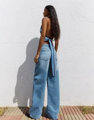 Hoge taille, Wide Leg pijpen, Jeans met gekruiste taille – Broeken