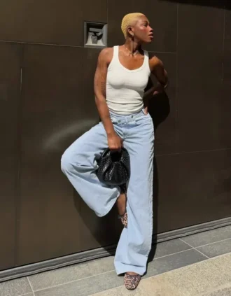 Jeans met hoge taille en Wide Leg pijpen en gekruiste taille
