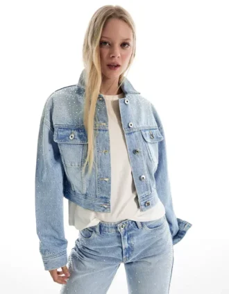 Kort denim jasje met strass – Jassen en trenchcoats