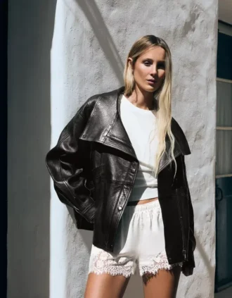 Leather funnel neck jacket – Dames