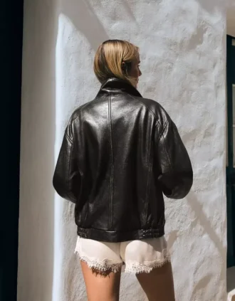 Leather funnel neck jacket – Dames