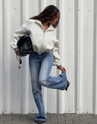 Sweatshirt met ritssluiting en ballonmouwen in neopreen-look