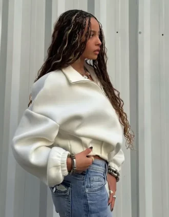 Sweatshirt met ritssluiting en ballonmouwen in neopreen-look