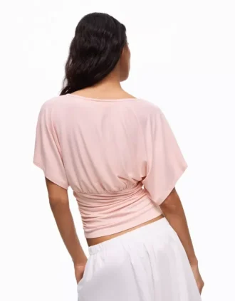 T-shirt met gerimpelde V-hals – Dames
